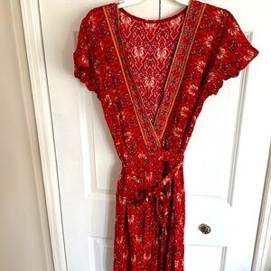 Red Boho Maxi Wrap Dress, Size Medium